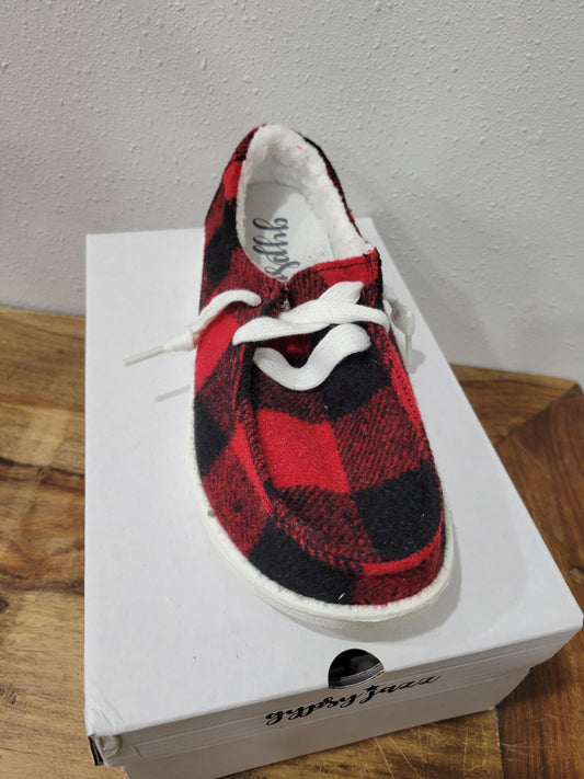 Kids Gypsy Jazz Red and Black Lumberjack Slip-on Shoes