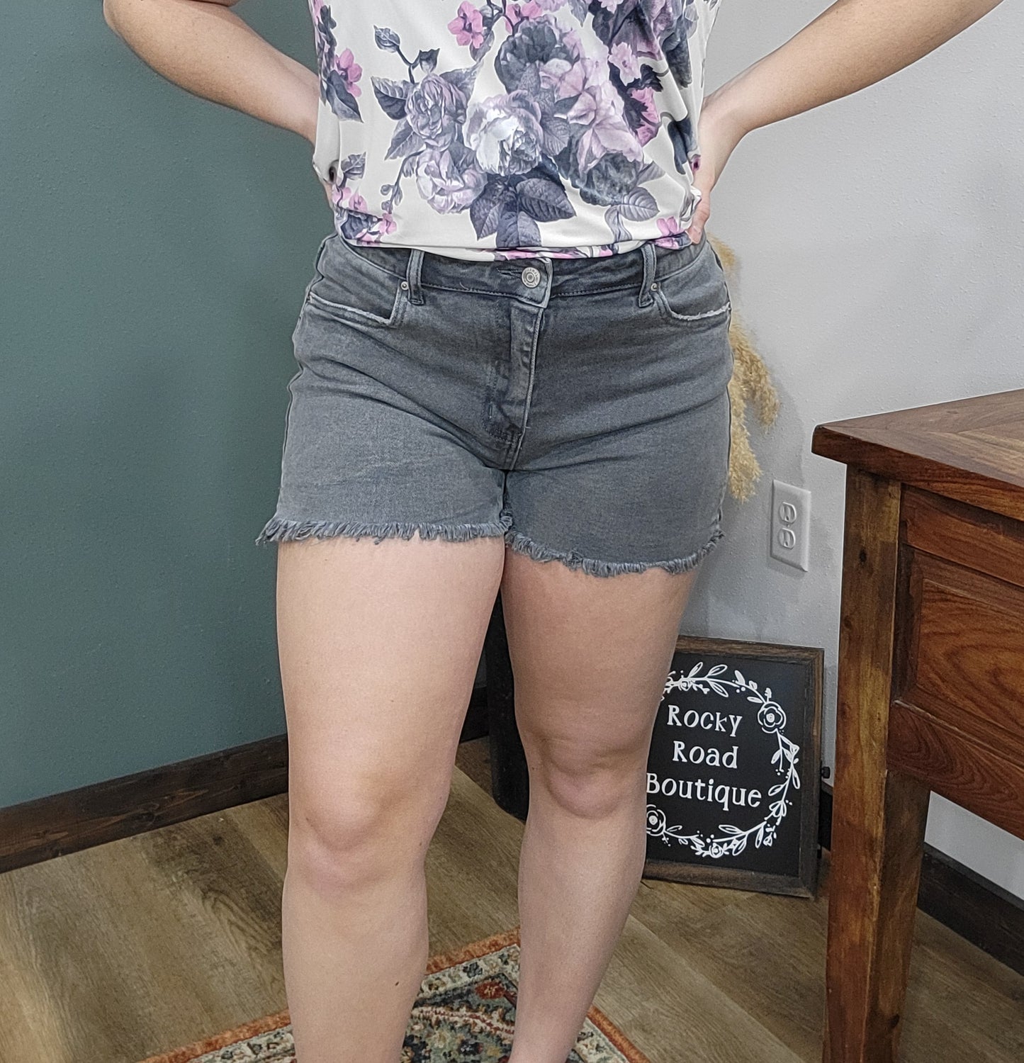 Zenana High Rise Grey Acid Washed Shorts