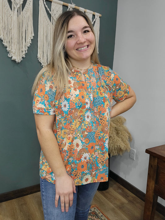 Sew in Love Turquoise and Orange Retro Floral Blouse Top
