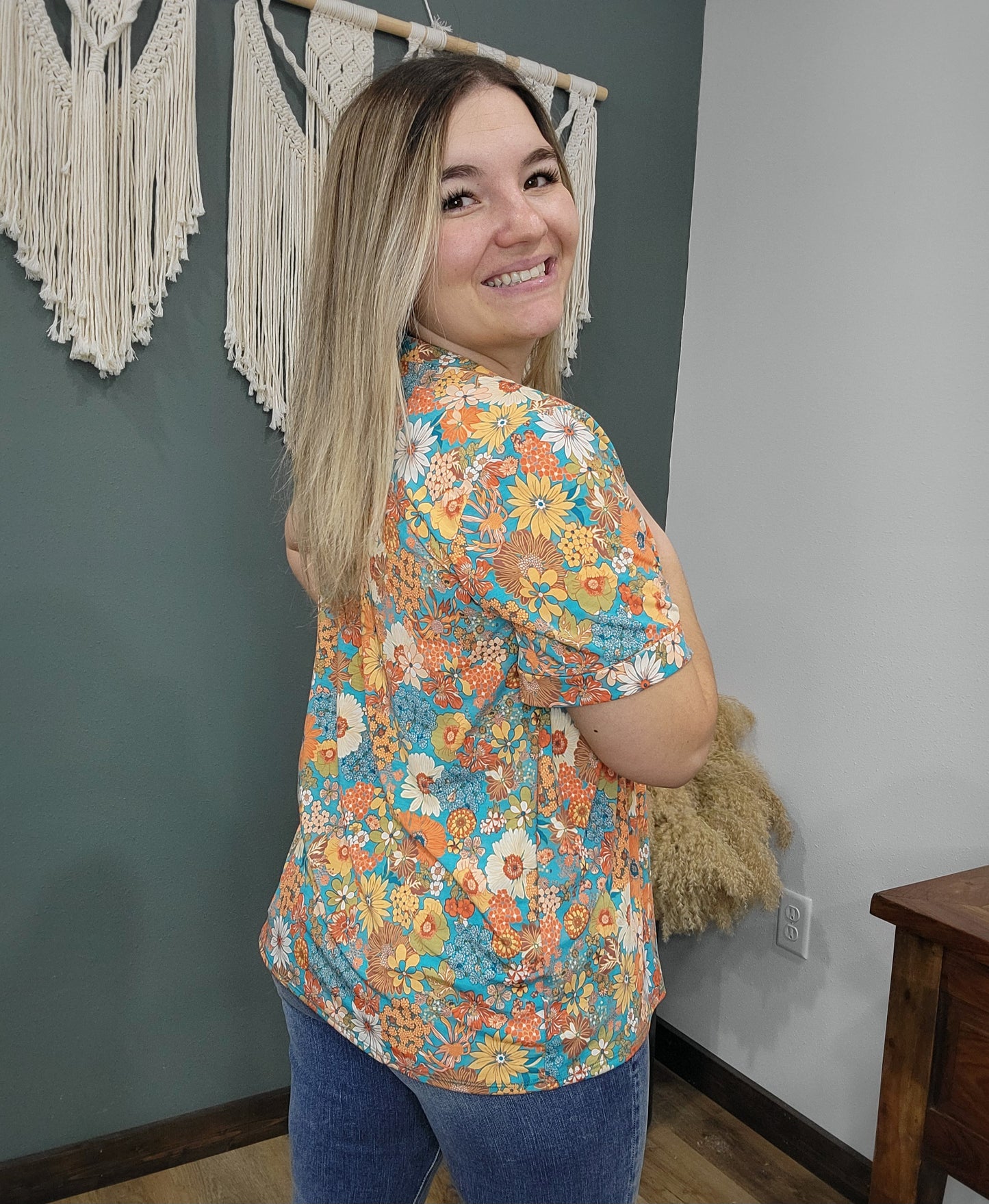 Sew in Love Turquoise and Orange Retro Floral Blouse Top