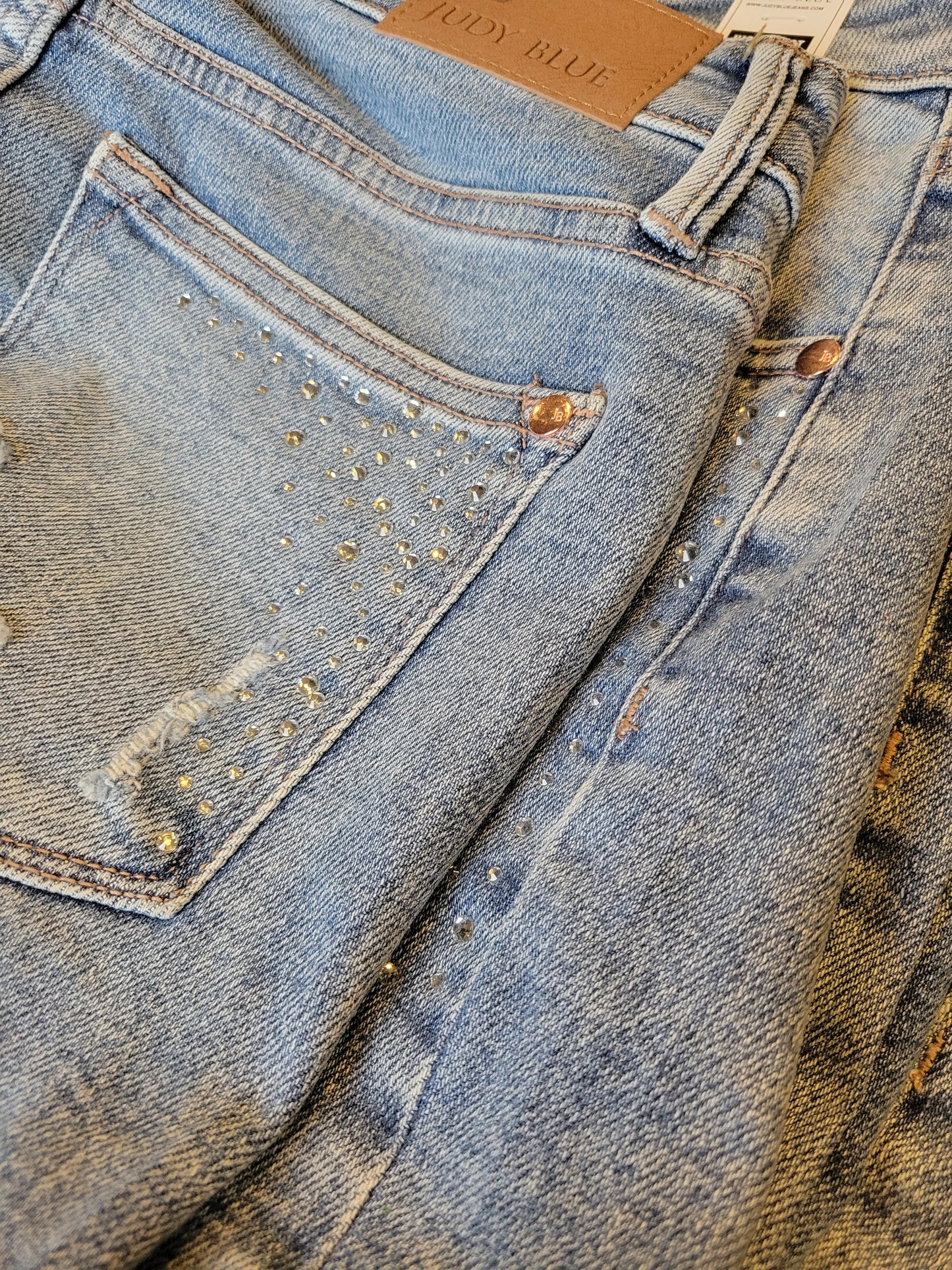 Curvy/ Reg Judy Blue Rhinestone Raw Hem Shorts
