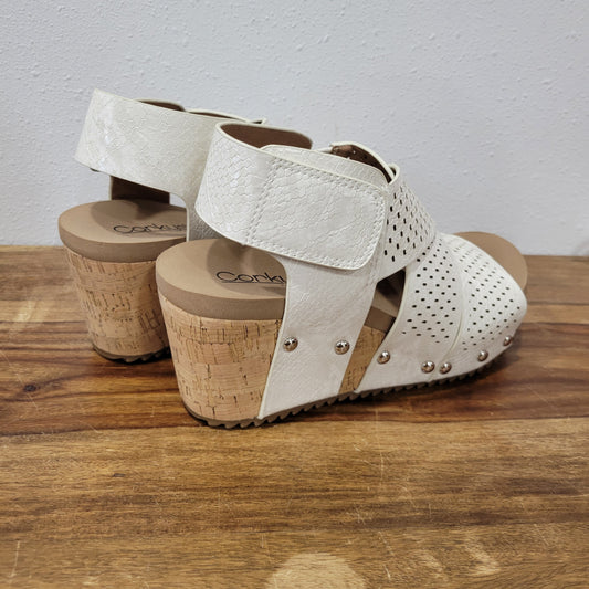 Corkys Ivory Guilty Pleasure Snake Skin Wedges