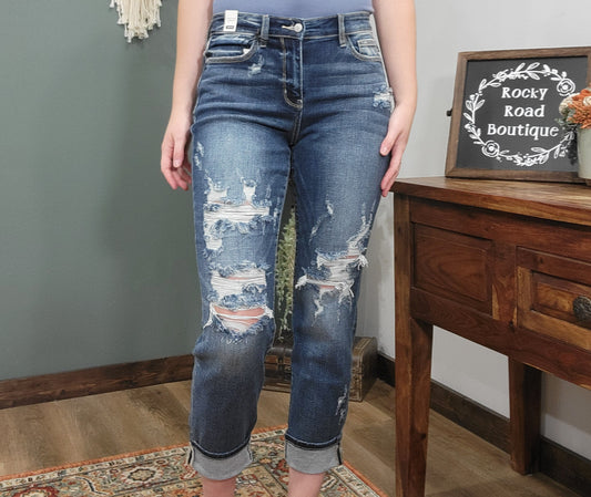 Judy Blue Distressed Mid Rise Boyfriend Jean