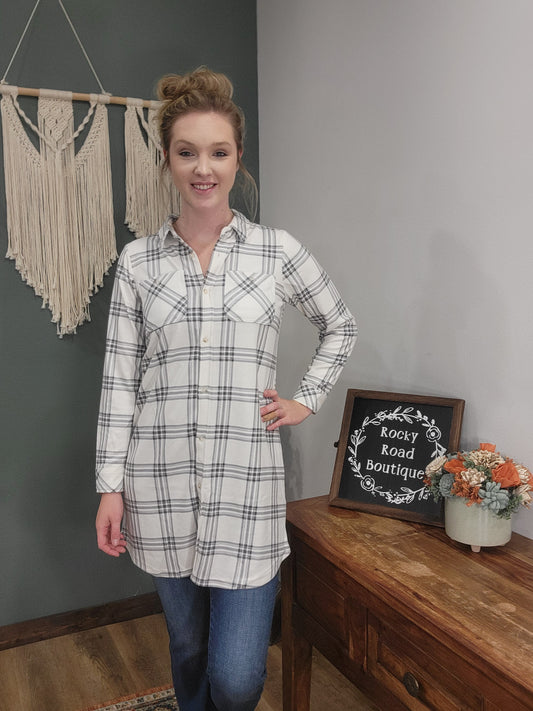 Thread & Supply Ivory Charcoal Leslie Button Up Dress