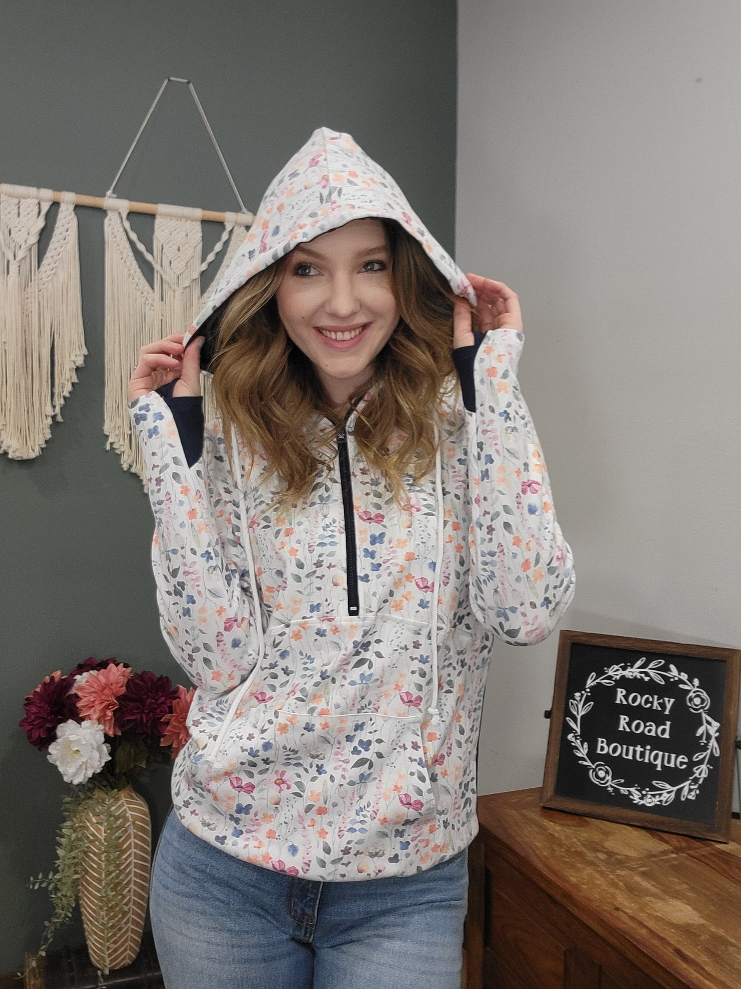 Michelle Mae Navy Floral Quarter Zip Hoodie