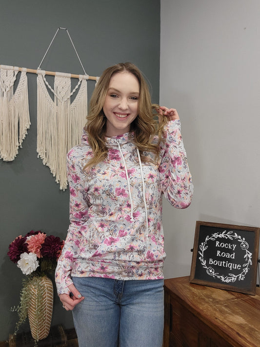 Michelle Mae Pink/Purple Floral Mock Neck Hoodie