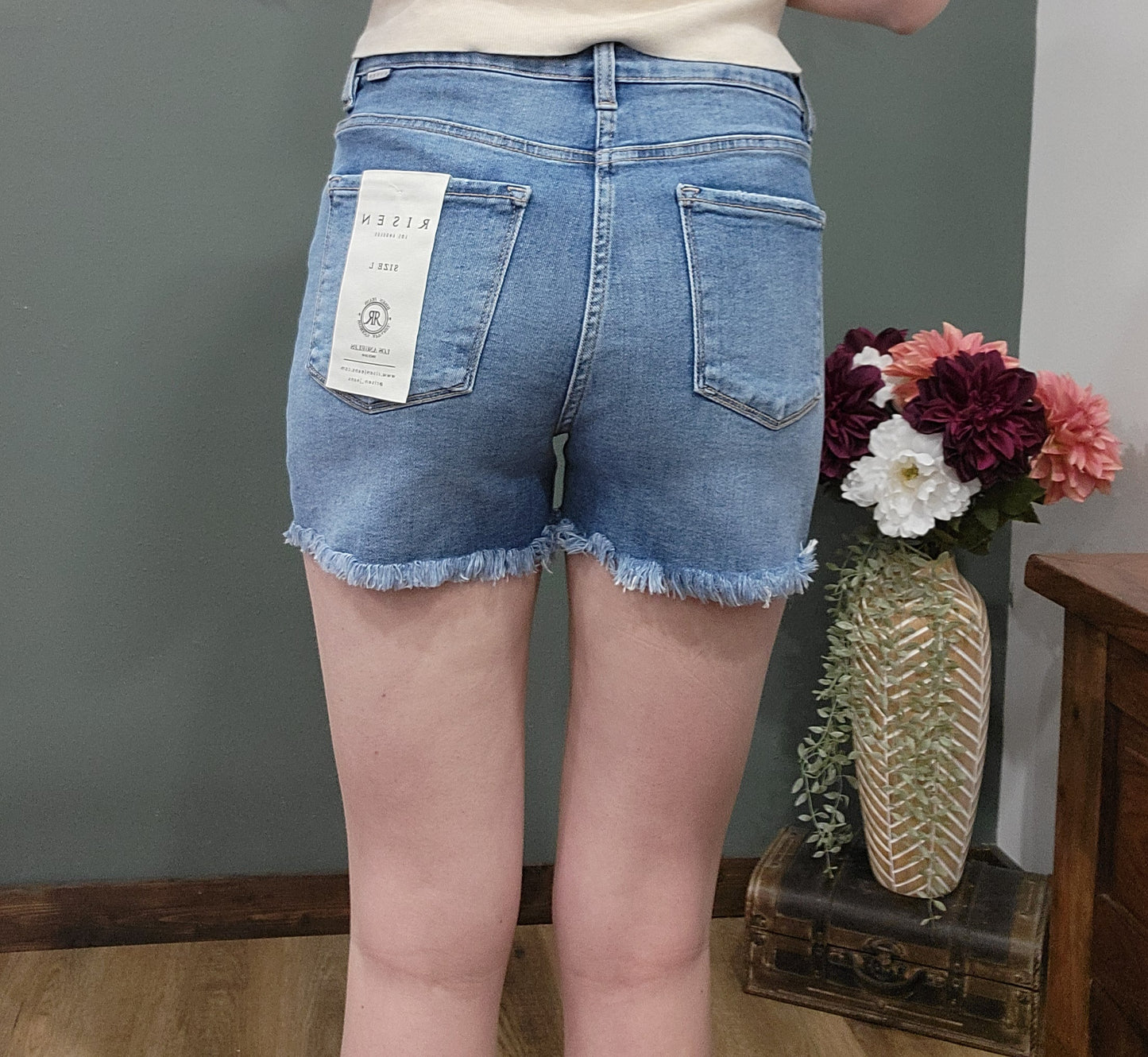 Risen Tummy Control Fray Medium Wash Jean Short