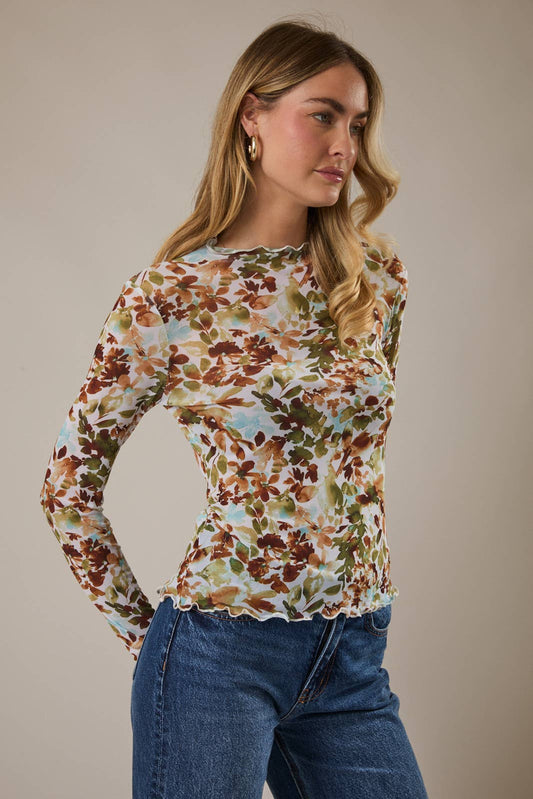 Gilli Long Sleeve Merrow Hem Mesh Top: Ivory-Multi Ditsy