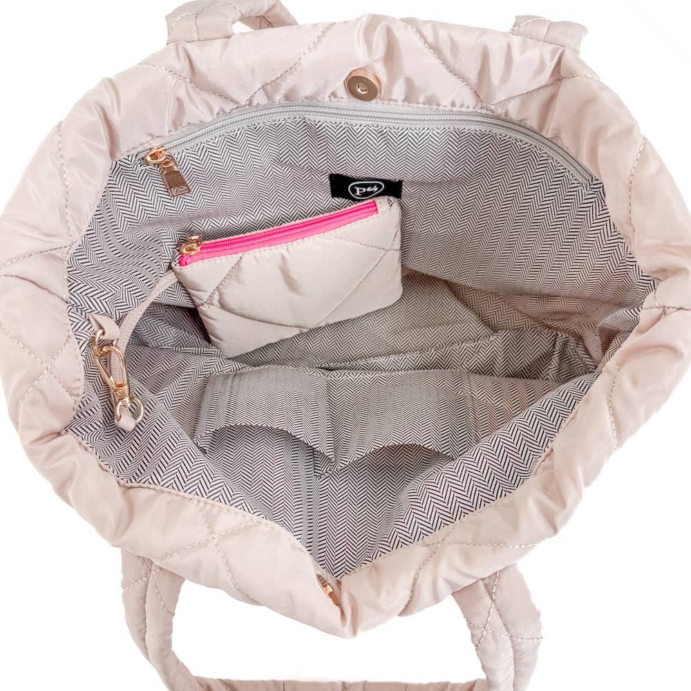 Presley Puffer Quilted Tote Bag With Pouch: Pink Floral