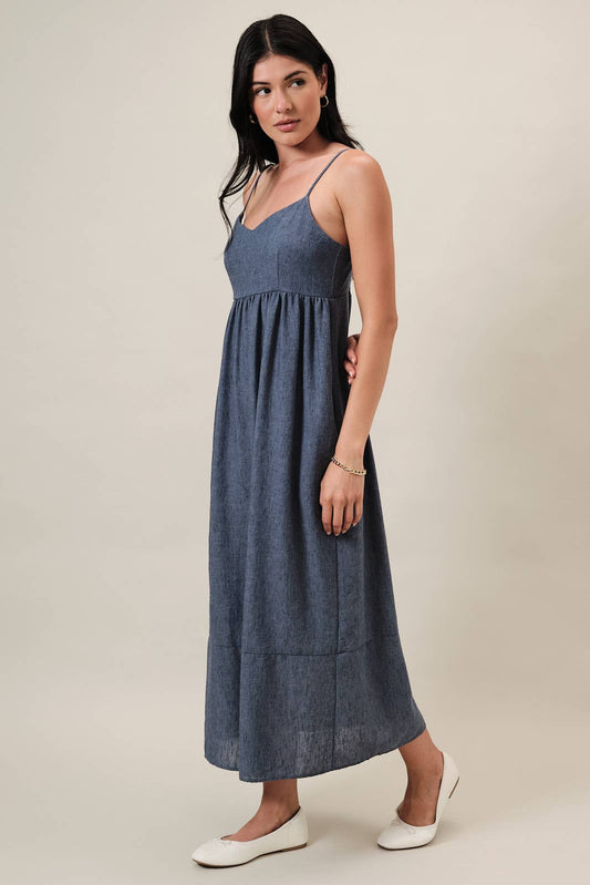 Sweet Heart Neck Spagetti Strap Linen Look Midi Dress: Navy