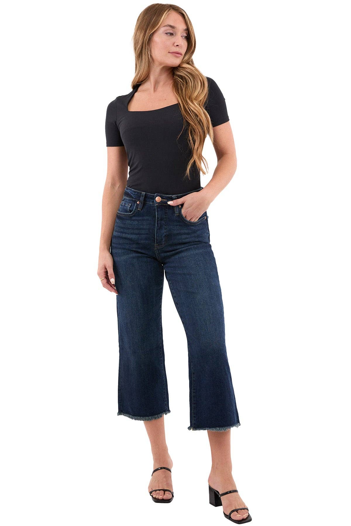 Chloe High Rise Wide Leg Cropped Frayed Jeans: Vintage Tint Dark Wash