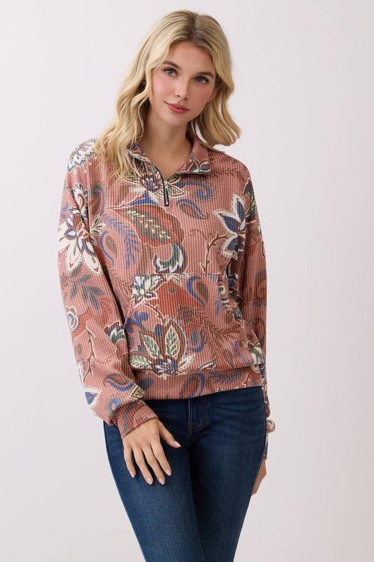Paisley Print Textured Mauve Half-Zip Pullover