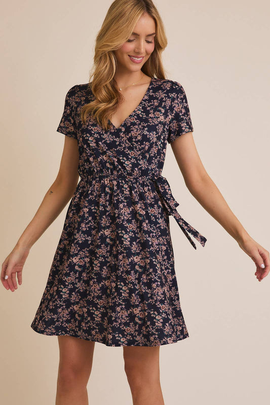 Gilli Short Sleeve Faux Wrap Dress: Navy-Taupe Disty Floral Print