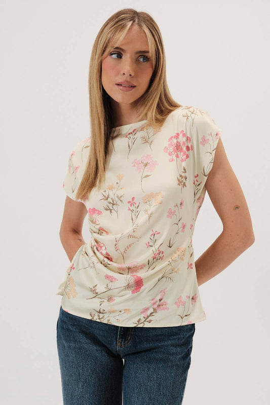 Round Neck Short Sleeve Waist Shirring Detail Top: Butter-Multi Floral