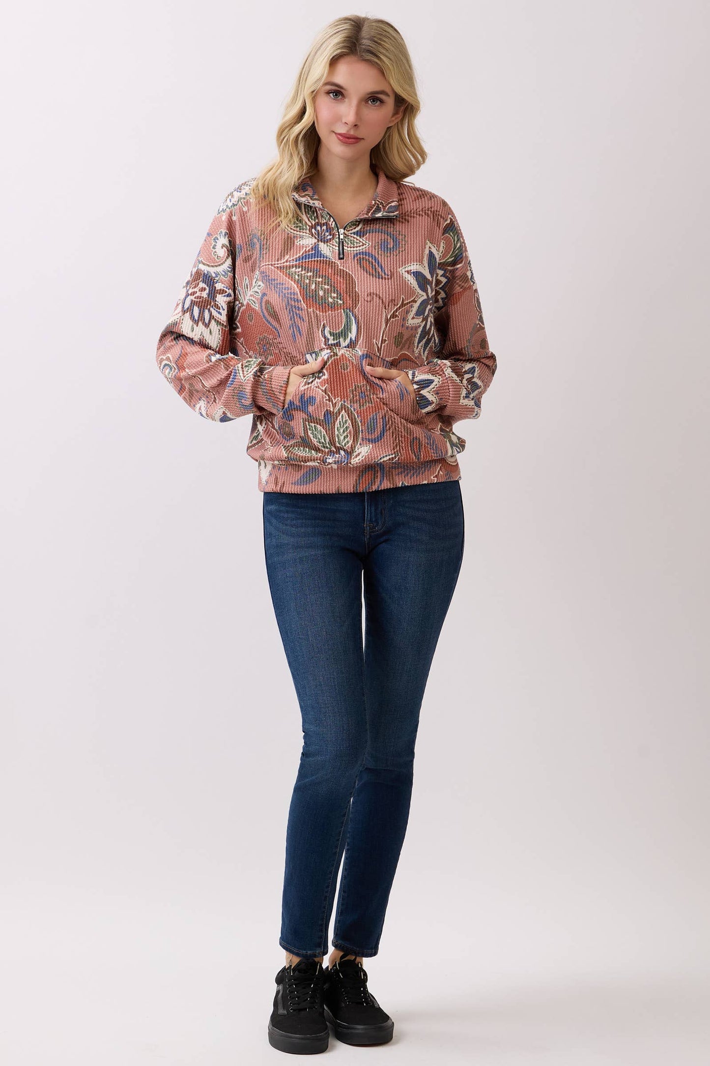 Paisley Print Textured Mauve Half-Zip Pullover