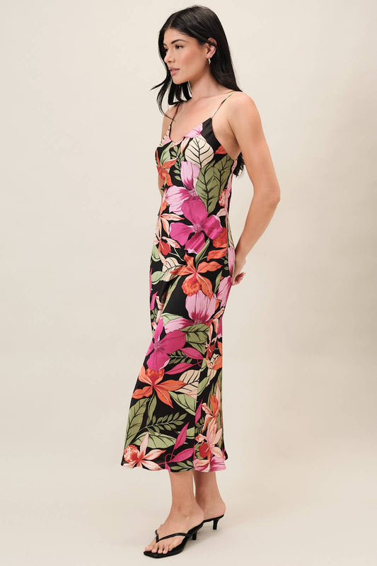 Spaghetti Strap Tropical Print Maxi Dress: Black-Multi Tropical