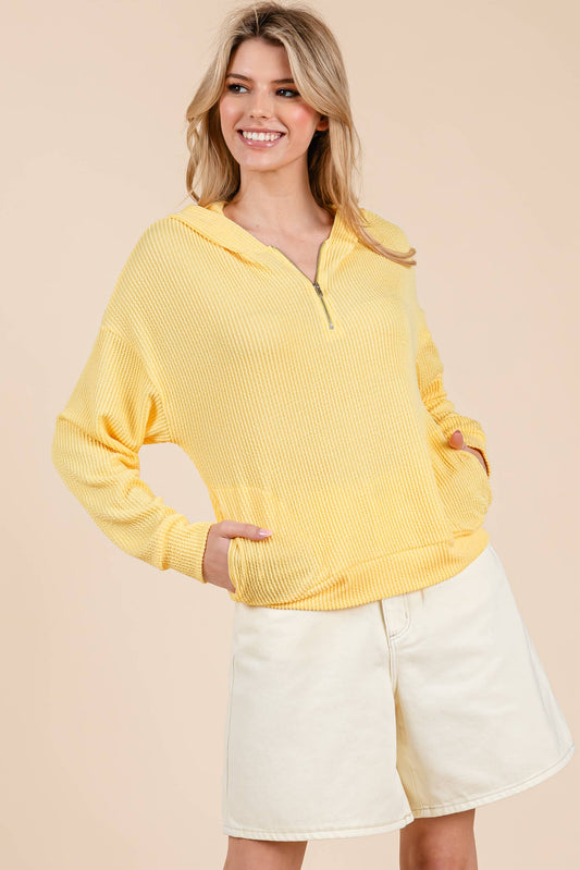 Sunshine Yellow Ribbed Quarter Zip Hoodie