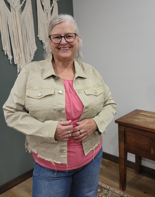 Risen Distressed Stretch Denim Jacket in Khaki