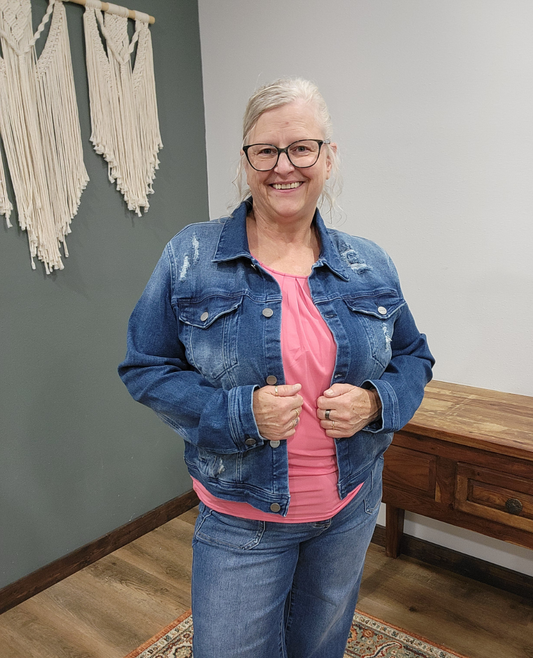 Risen Distressed Stretch Dark Denim Jacket