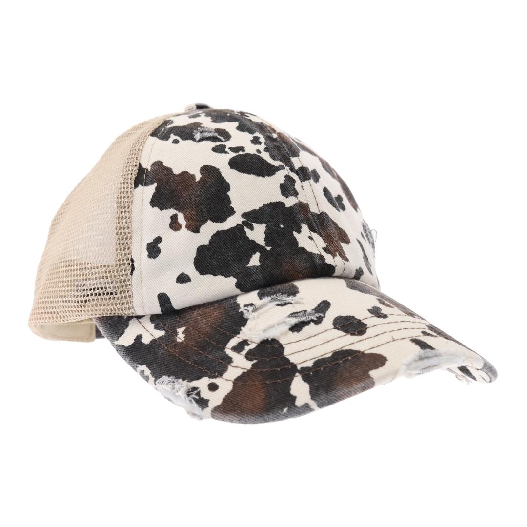 Beige Cow Print Mesh Back Criss Cross Ponytail C.C Ballcap