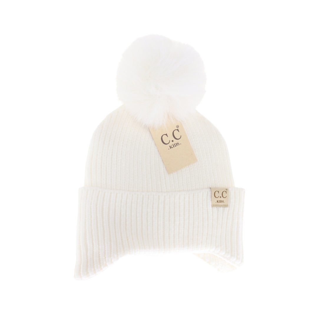 Kids C.C Ear Flap Faux Fur Pom Beanie
