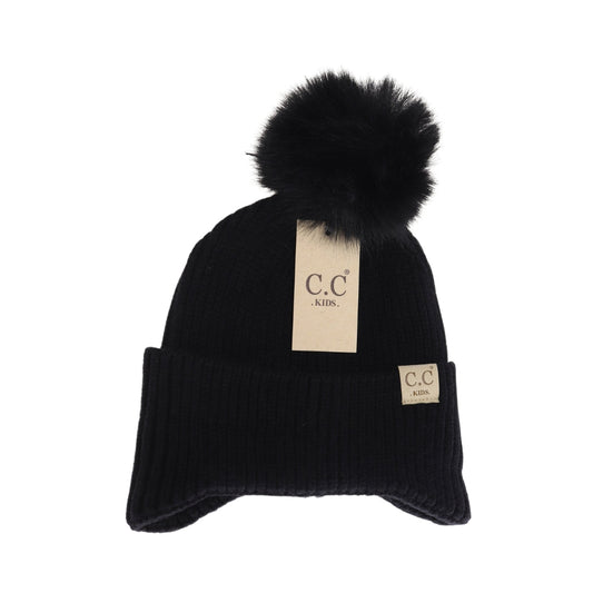 Kids C.C Ear Flap Faux Fur Pom Beanie