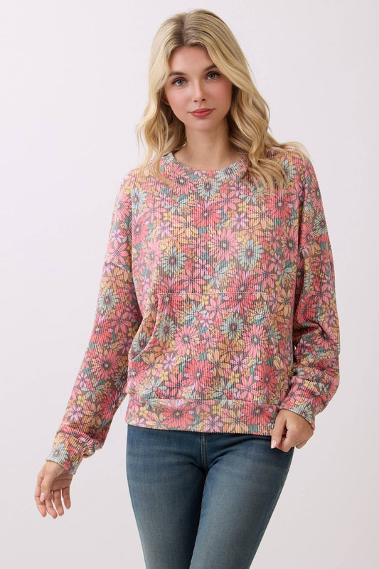 Vintage Floral Ribbed Knit Pullover