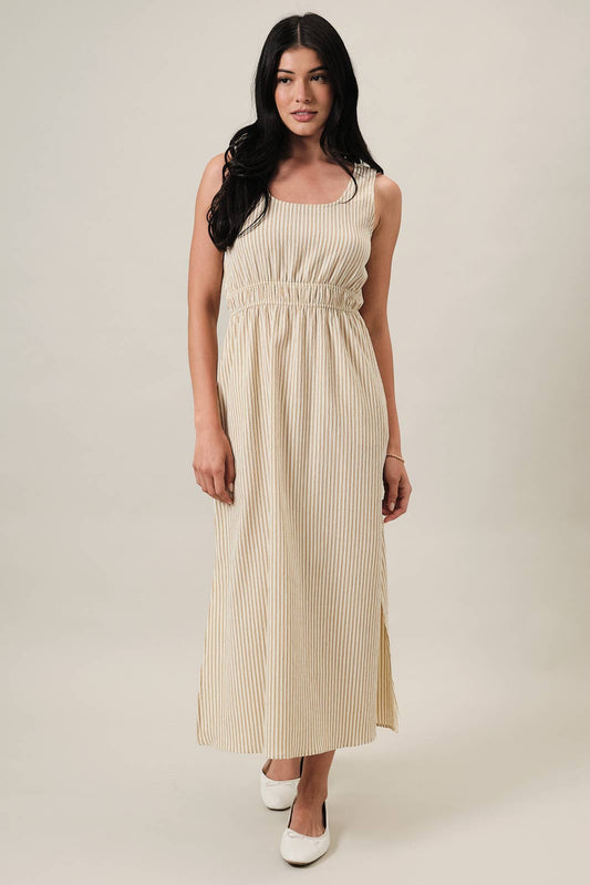 Gilli Sleeveless Elastic Waist Side Slit Maxi Dress: Ivory-Taupe Stripe
