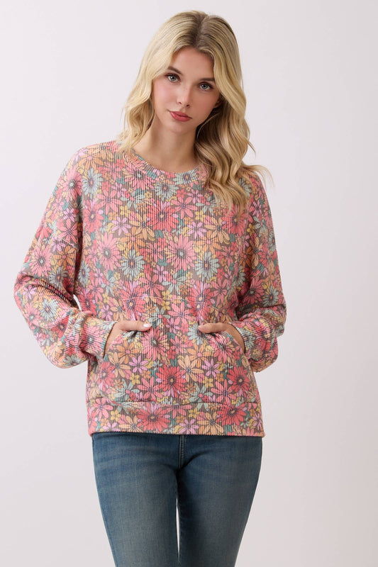 Vintage Floral Ribbed Knit Pullover