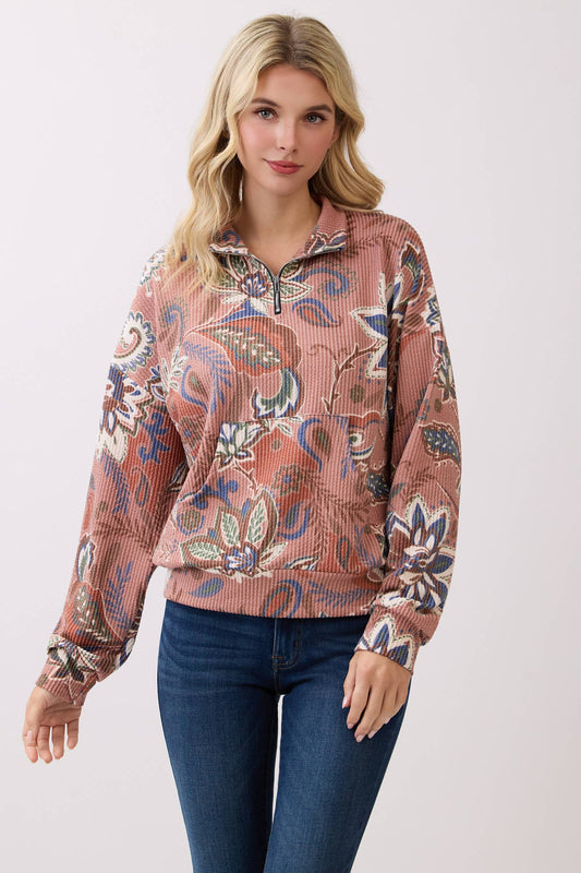 Paisley Print Textured Mauve Half-Zip Pullover