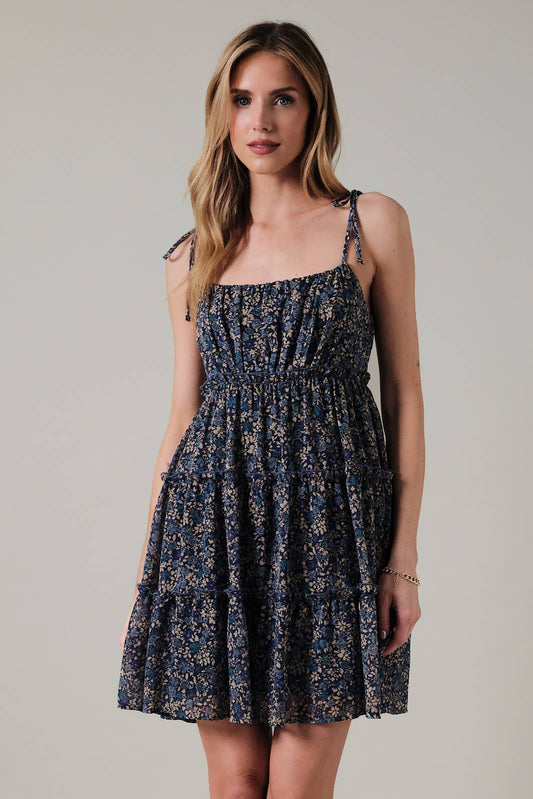 Spagetti Tie Strap Tiered Baby Doll Ditsy Print Mini Dress: Navy-Taupe Ditsy