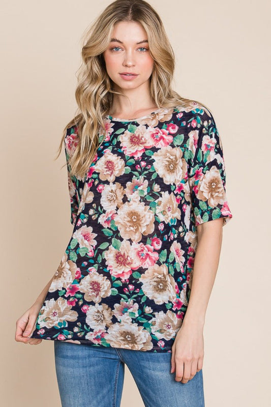 BomBom Floral Round Neck Top