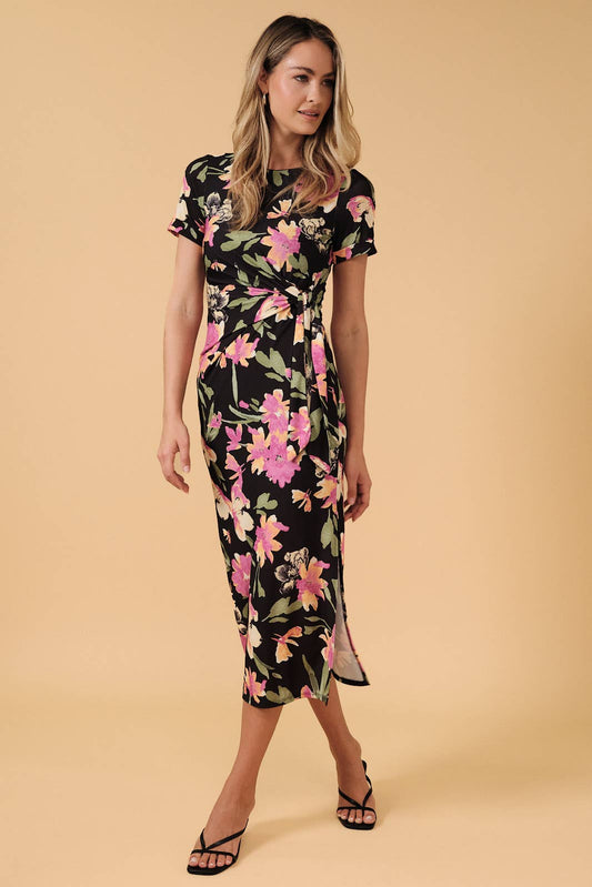 Round Neck Short Sleeve Waist Tie Slit Floral Midi Dress: Black-Multi Floral