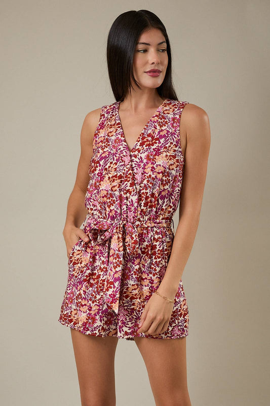 Gilli Sleeveless Surplice Waist Strap Floral Romper: Cream-Multi Floral