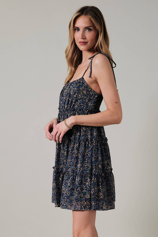 Spagetti Tie Strap Tiered Baby Doll Ditsy Print Mini Dress: Navy-Taupe Ditsy