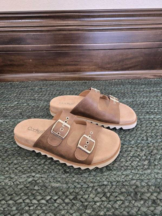 Corkys Thick Strap Buckle Sandal in Dash Tan
