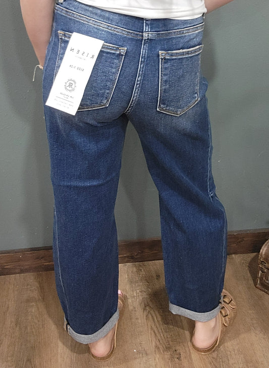 Risen Denim High Rise Cuffed Barrel Jean - Dark Wash