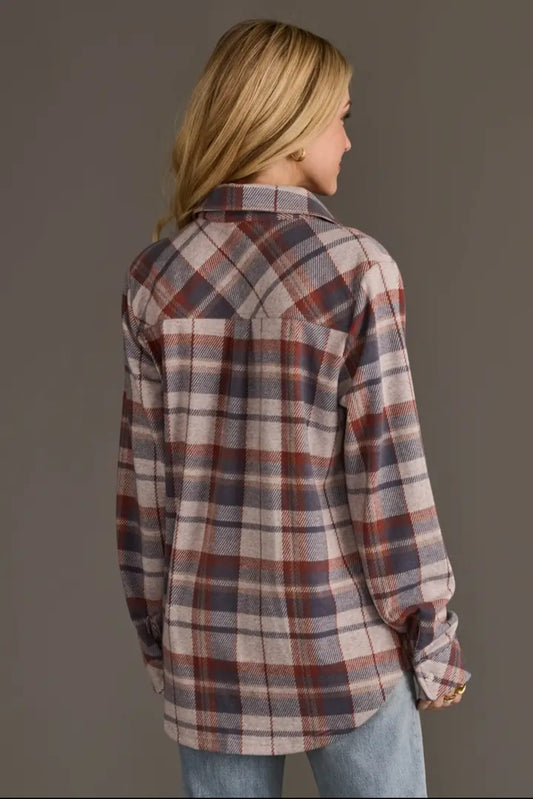 Panache Soft Button Up - Dusty Blue, Brick & Tan Plaid