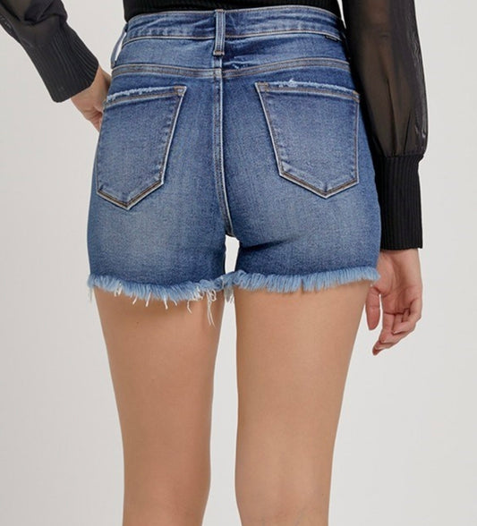 Risen High Rise Distressed Dark Wash Denim Short - Curvy