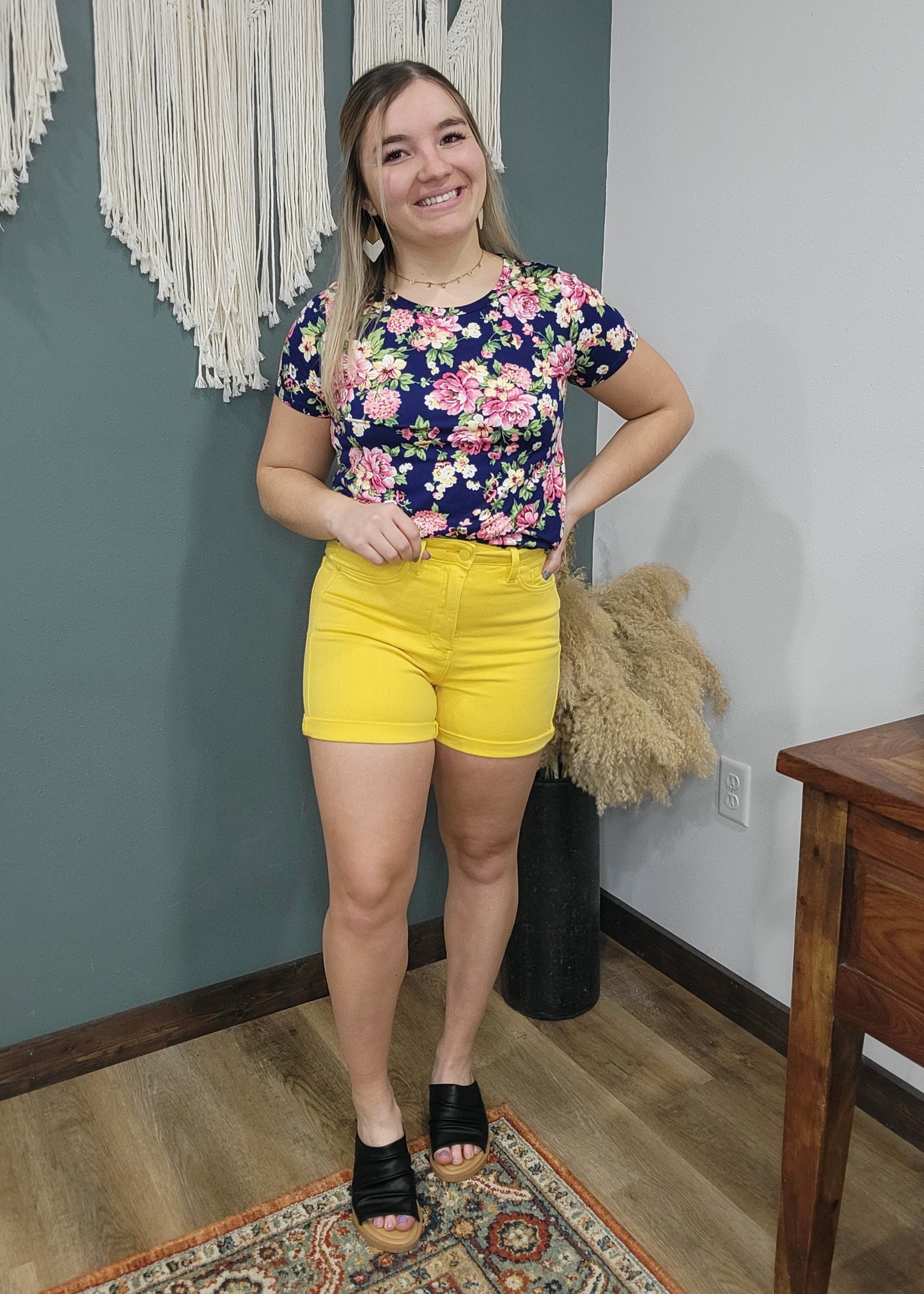 Judy Blue Sunflower Yellow Tummy Control Cuffed Denim Shorts