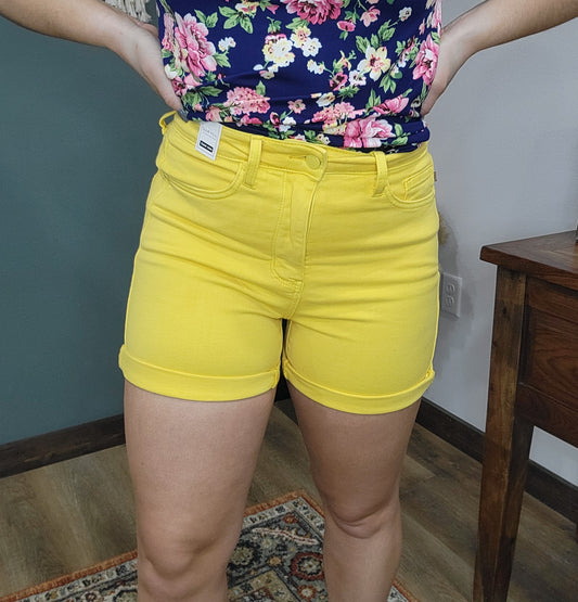 Judy Blue Sunflower Yellow Tummy Control Cuffed Denim Shorts