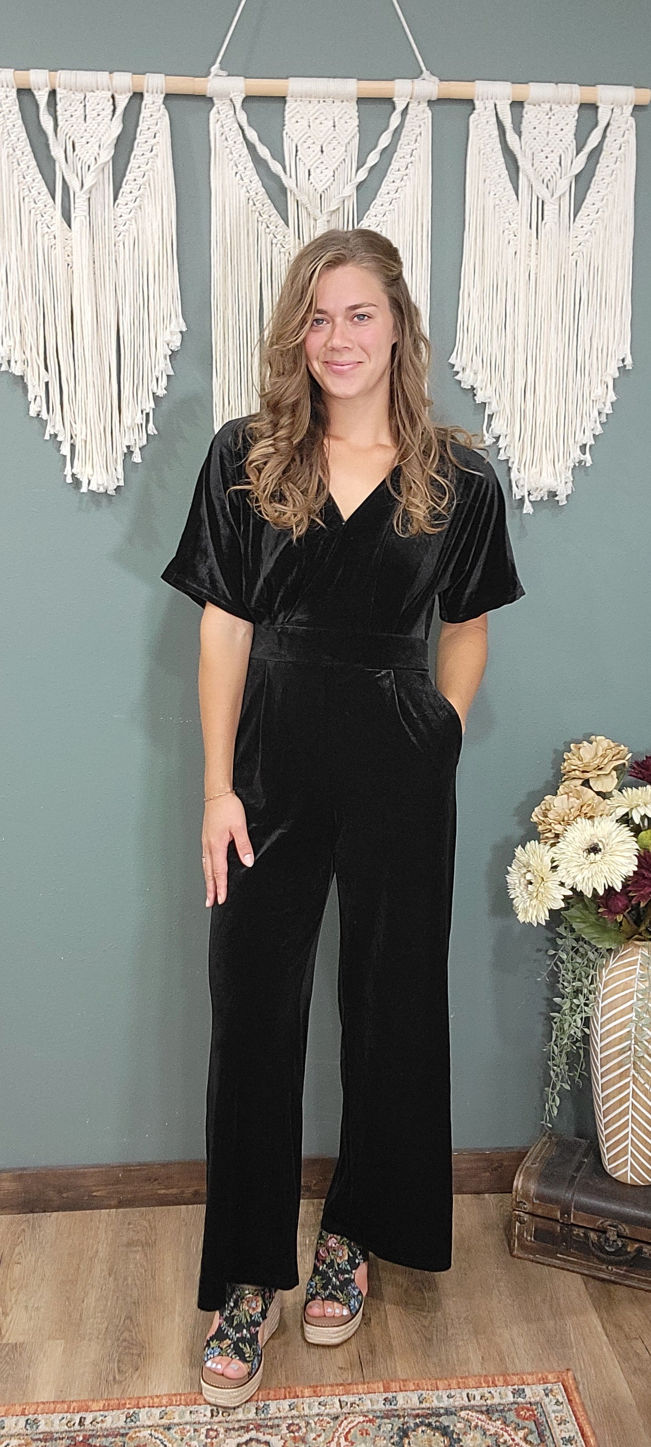 Hem & Thread Black Velvet Jumpsuit