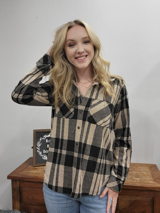 Panache Tan/Black Buffalo Plaid Button Up