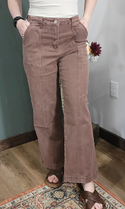 Zenana Utility Pocket Denim Jeans - Brown