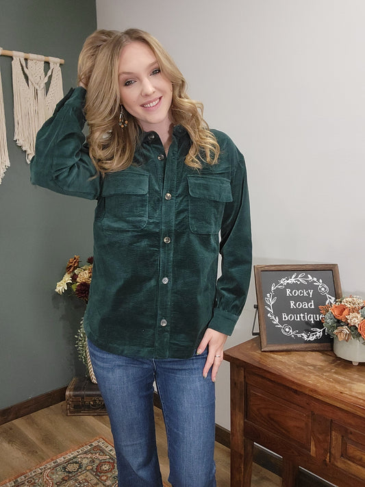 Thread and Supply Velvet Corduroy Button Up Jacket / Evergreen