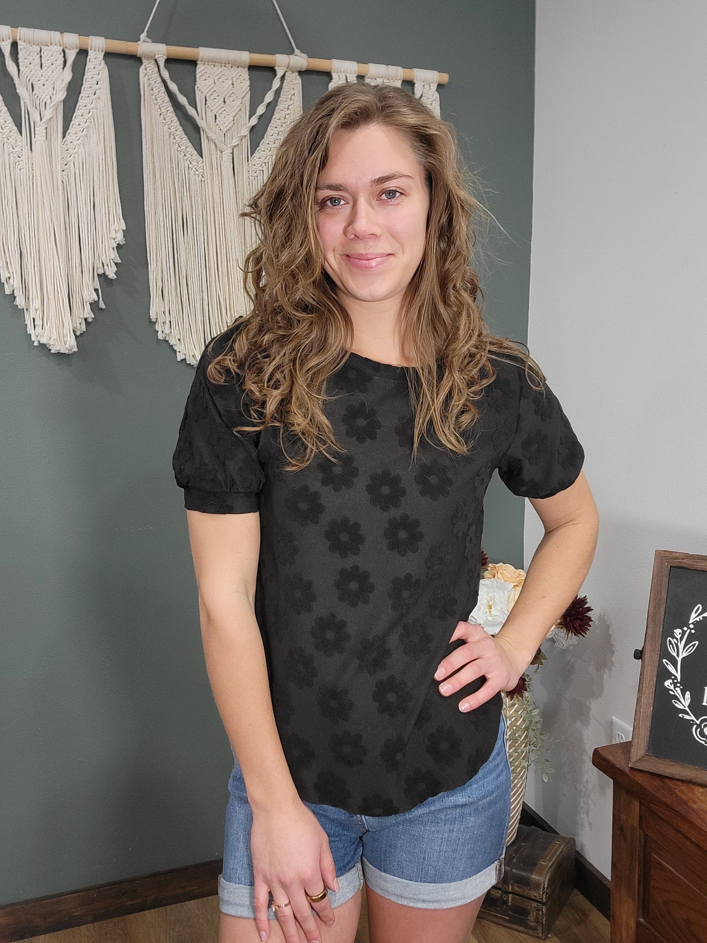 Bombom Black Daisy Embroidered Puff Sleeve Top