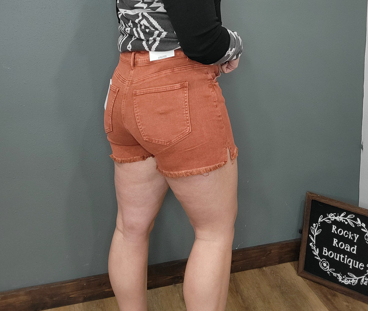 Zenana Burnt Orange Frayed Hem High Rise Shorts