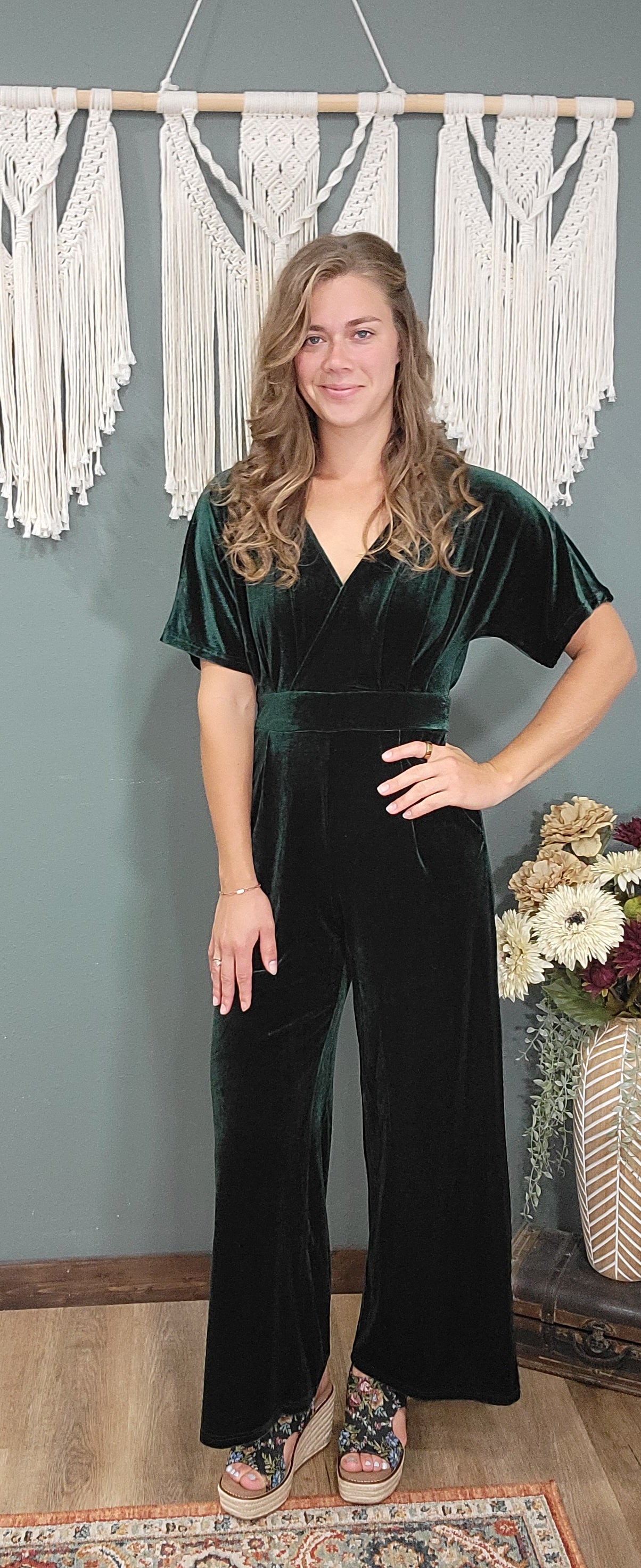 Hem & Thread Forest Green Velvet Jumpsuit