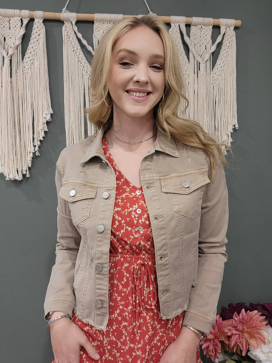 Risen Distressed Stretch Denim Jacket in Taupe