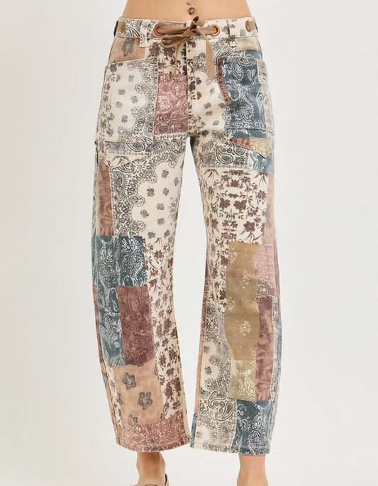 Risen High Rise Slouchy Cropped Barrel Jean - Paisley Patchwork